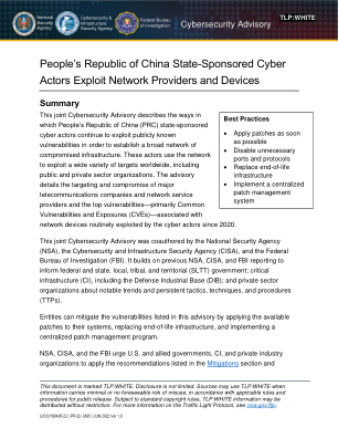 中华人民共和国国家支持的网络攻击者利用网络提供商和设备